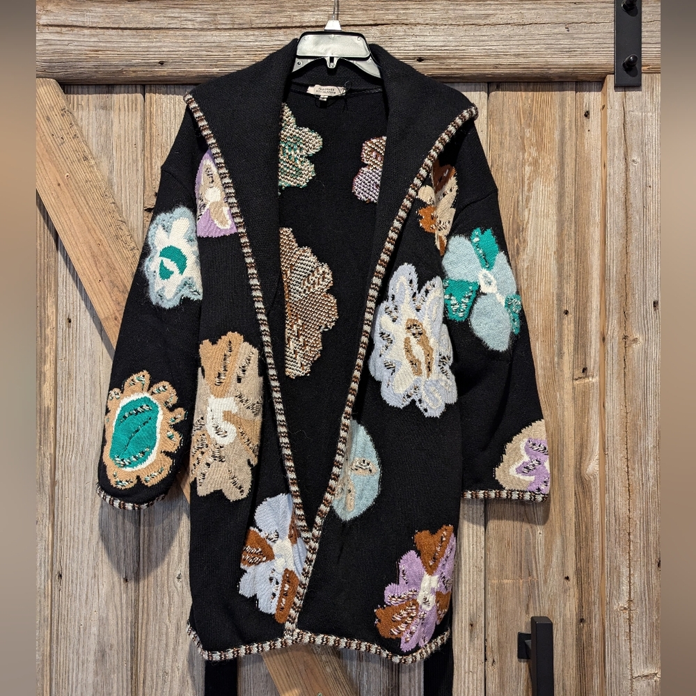 Dorothee Schumacher Black Floral Belted Cardigan Wool Cashmere Alpaca Mohair